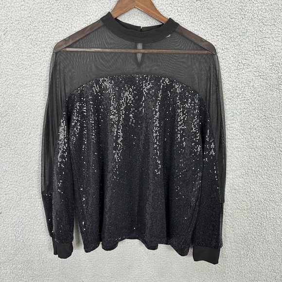 Nine West Top Womens M Black Mesh Long Sleeve‎ Sequin Party Y2K Goth Glam Edgy - Picture 1 of 6